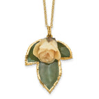Lacquer Dipped White Real Rose on 24K Gold-trim Lacquer Dipped Leaf 20 inch Gold-tone Necklace