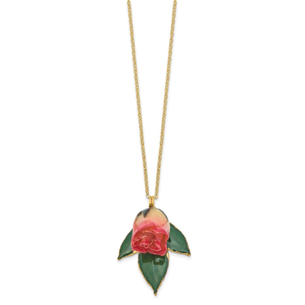 Lacquer Dipped White and Pink Real Rosebud on 24K Gold-trim Lacquered Dipped Leaf 20 inch Gold-tone Necklace
