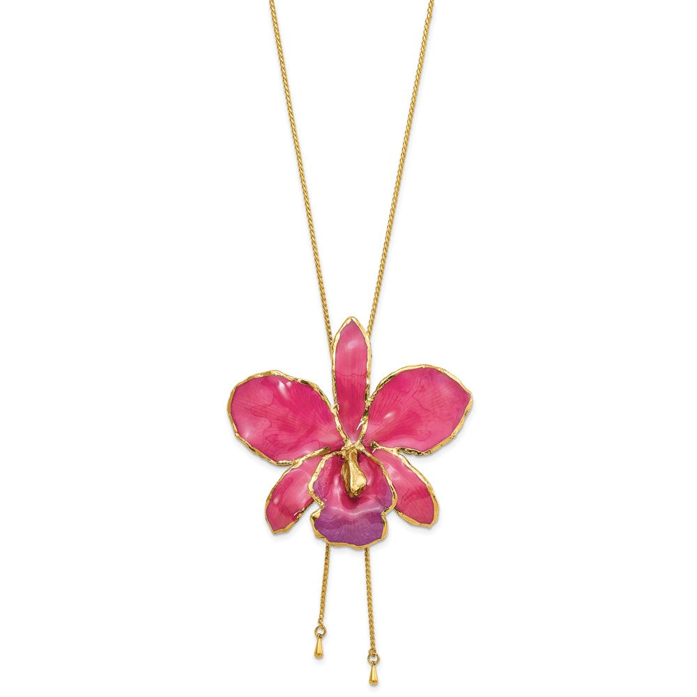 24K Gold-trim Lacquer Dipped Fuchsia Real Cattleya Orchid Slip-on Adjustable Gold-tone Necklace