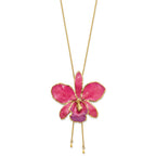 24K Gold-trim Lacquer Dipped Fuchsia Real Cattleya Orchid Slip-on Adjustable Gold-tone Necklace