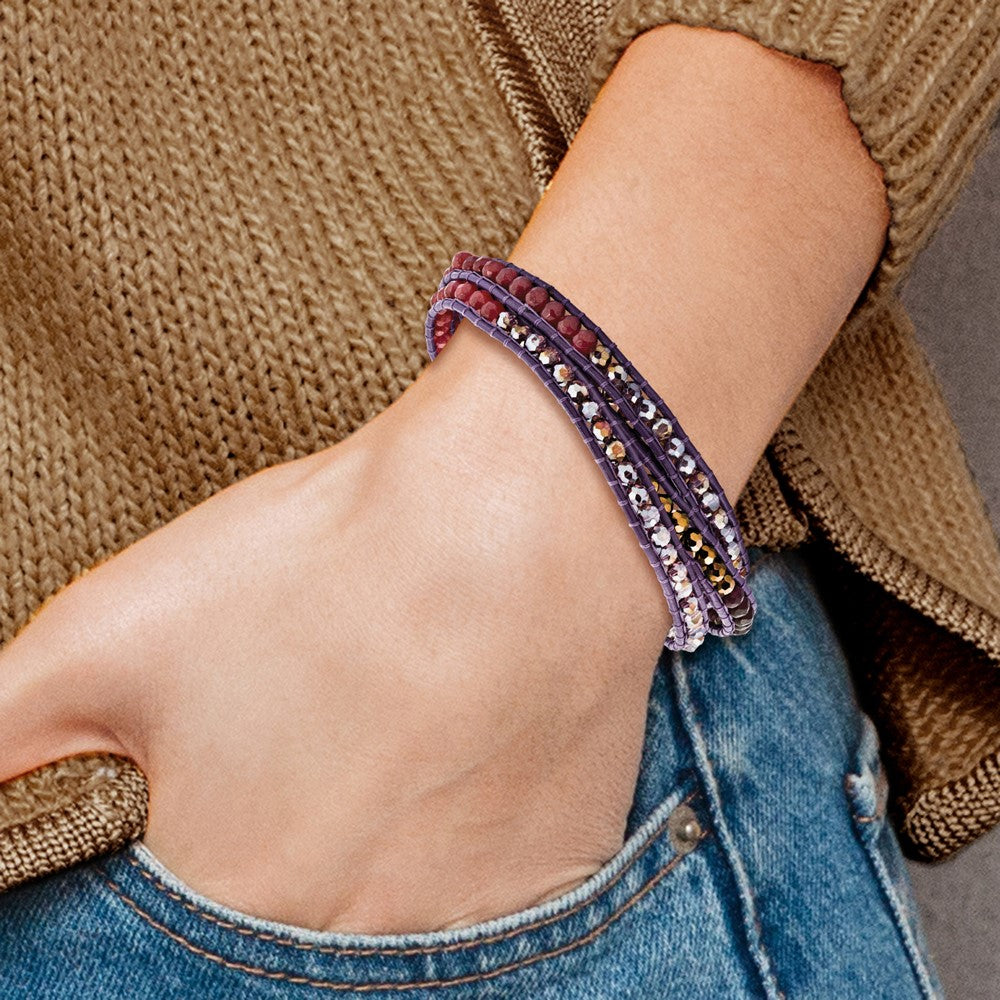Multi Crystal and Multi Quartz Leather Multi-wrap Bracelet