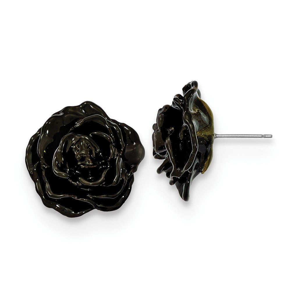 Lacquer Dipped Black Real Rose Silver-tone Post Earrings