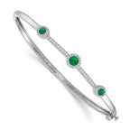 14k White Gold Complete 1/4 carat Diamond and Cabochon Emerald Hinged Bangle Bracelet