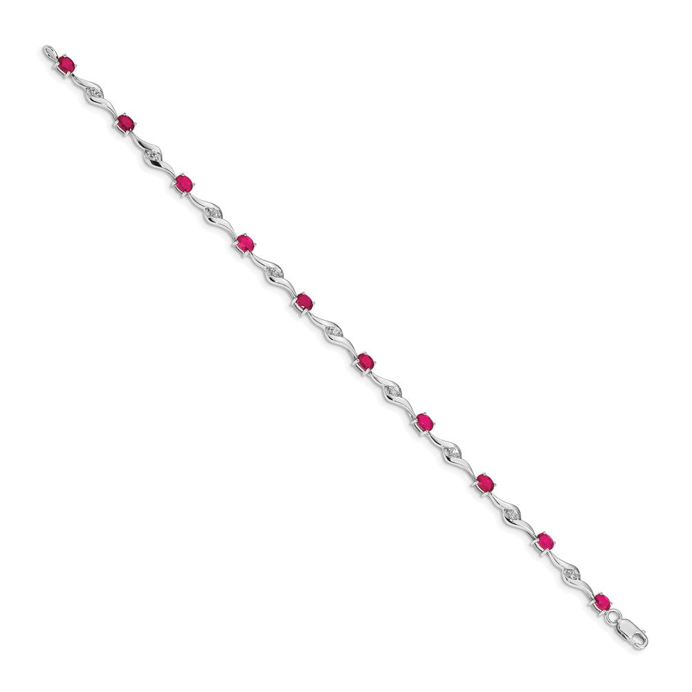 14k White Gold Complete Oval Ruby and Round White Sapphire Curved Link 7 inch Bracelet