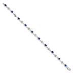 14k White Gold Complete Oval Blue Sapphire and Round White Sapphire Curved Link 7 inch Bracelet