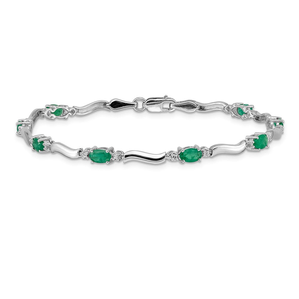 14k White Gold Complete Diamond and Oval Emerald Wavy Link 7 inch Bracelet