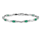14k White Gold Complete Diamond and Oval Emerald Wavy Link 7 inch Bracelet