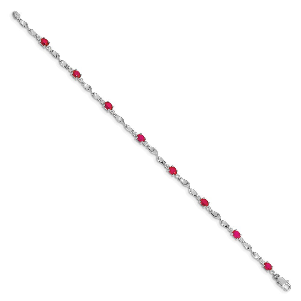 14k White Gold Complete Diamond and Oval Ruby Twisted Link 7 inch Bracelet