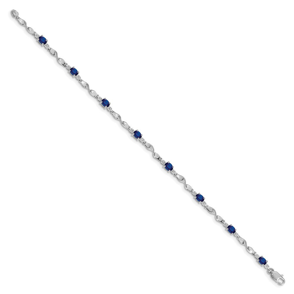 14k White Gold Complete Diamond and Oval Sapphire Twisted Link 7 inch Bracelet