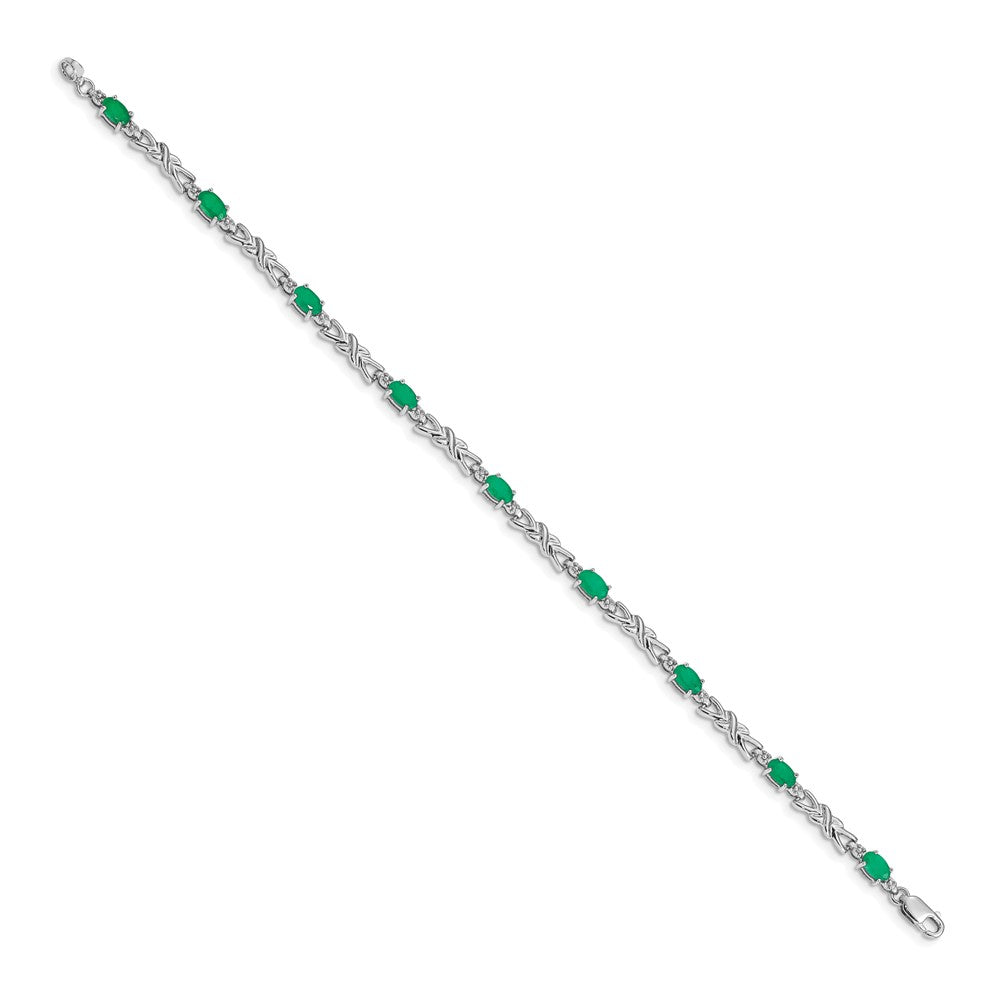 14k White Gold Complete Diamond and Oval Emerald X-design 7.25 inch Bracelet