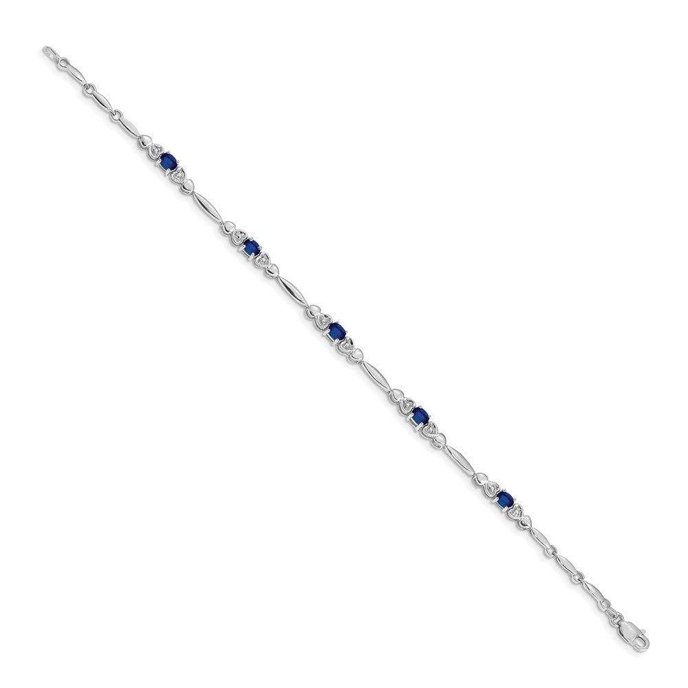 14k White Gold Complete Diamond and Oval Sapphire Heart Design 7 inch Bracelet