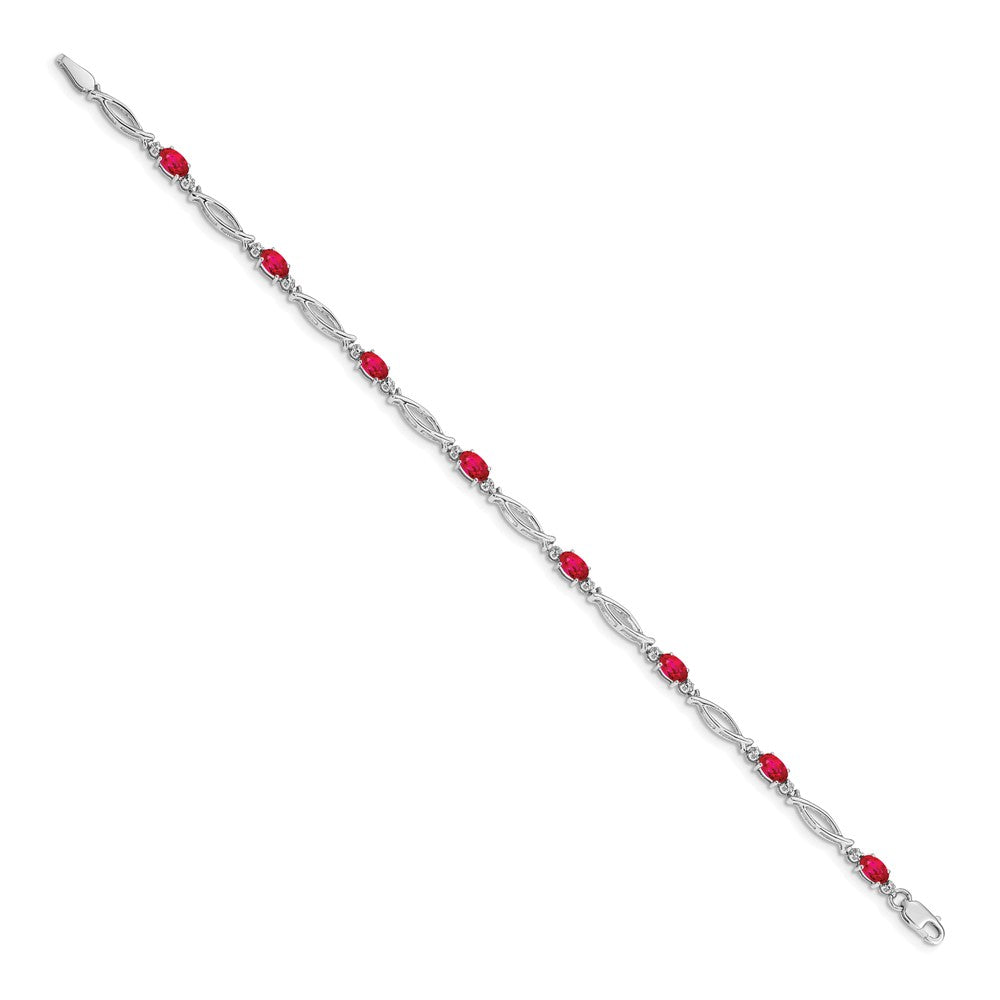 14k White Gold Complete Diamond and Oval Ruby 7.25 inch Bracelet