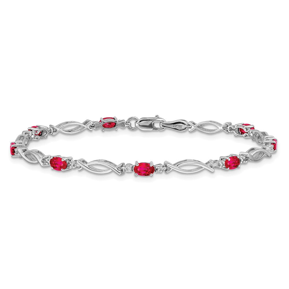 14k White Gold Complete Diamond and Oval Ruby 7.25 inch Bracelet
