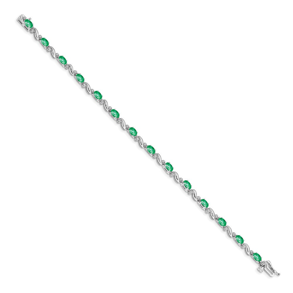 14k White Gold Complete Diamond and Oval Emerald Curved Link 7 inch Bracelet