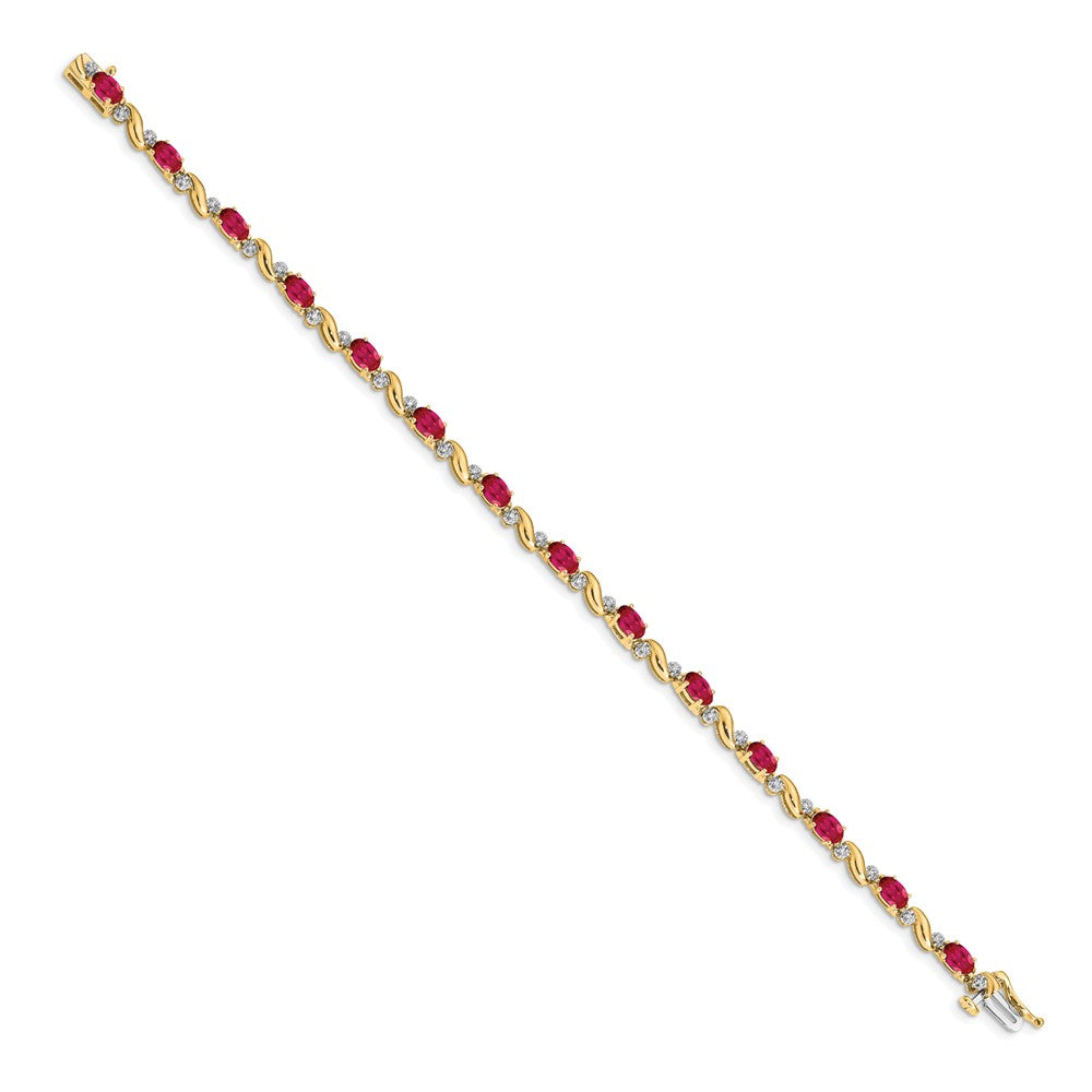 14k Complete Diamond and Oval Ruby Curved Link 7 inch Bracelet