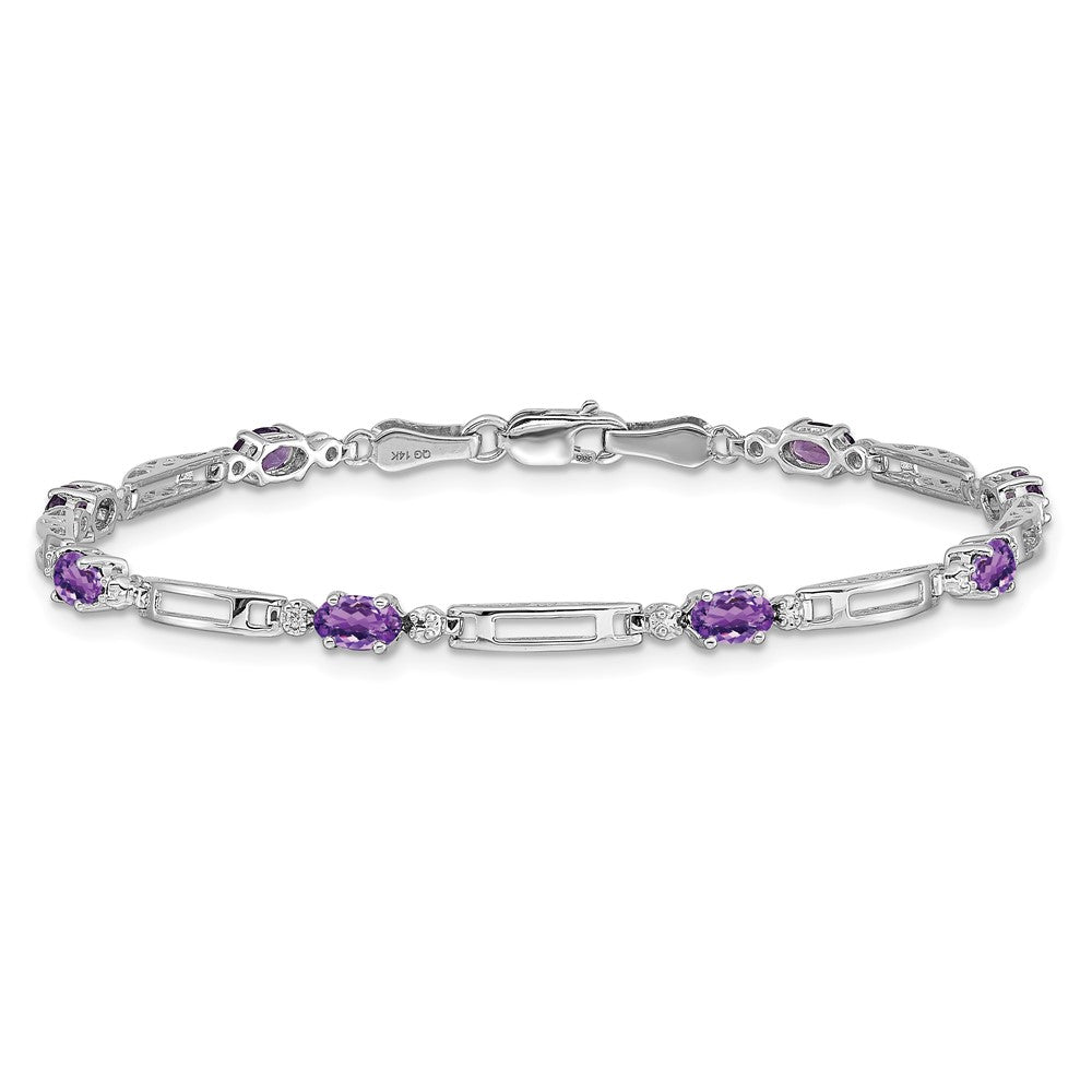 14k White Gold Complete Diamond and Oval Amethyst Fancy Link 7 inch Bracelet