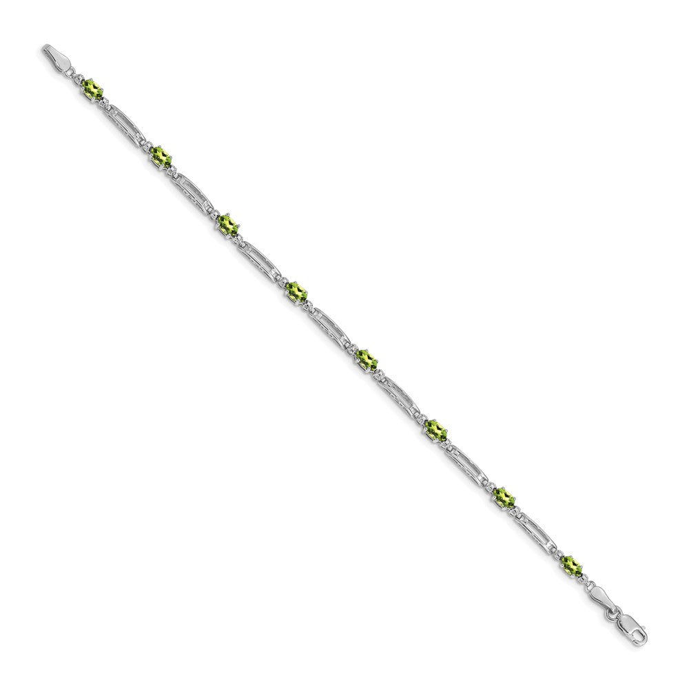 14k White Gold Complete Diamond and Oval Peridot Fancy Link 7 inch Bracelet