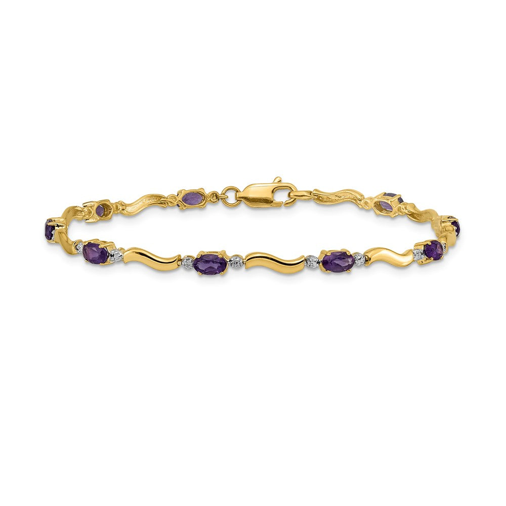14k Complete Diamond and Oval Amethyst Wavy Link 7 inch Bracelet