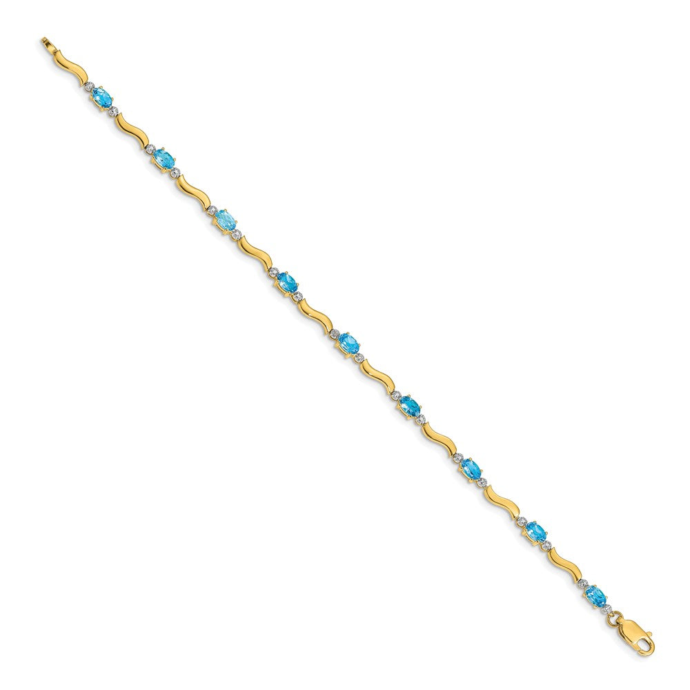 14k Complete Diamond and Oval Swiss Blue Topaz Wavy Link 7 inch Bracelet