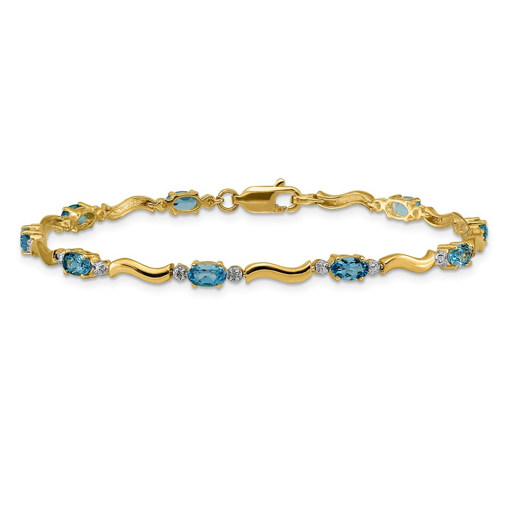 14k Complete Diamond and Oval Swiss Blue Topaz Wavy Link 7 inch Bracelet