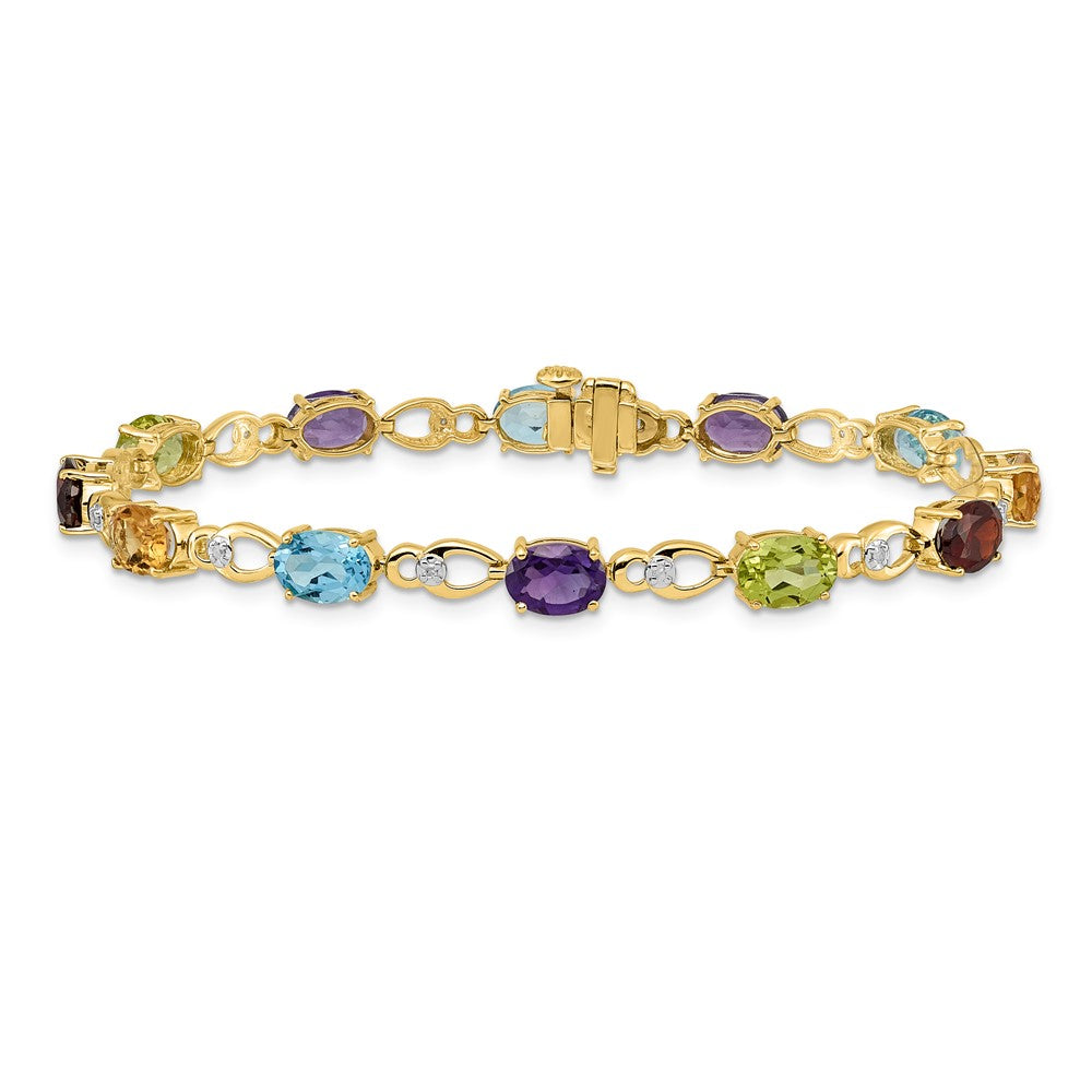 14k Complete Diamond and Amethyst/Swiss Blue Topaz/Citrine/Garnet/Peridot Fancy Link 7 inch Rainbow Bracelet