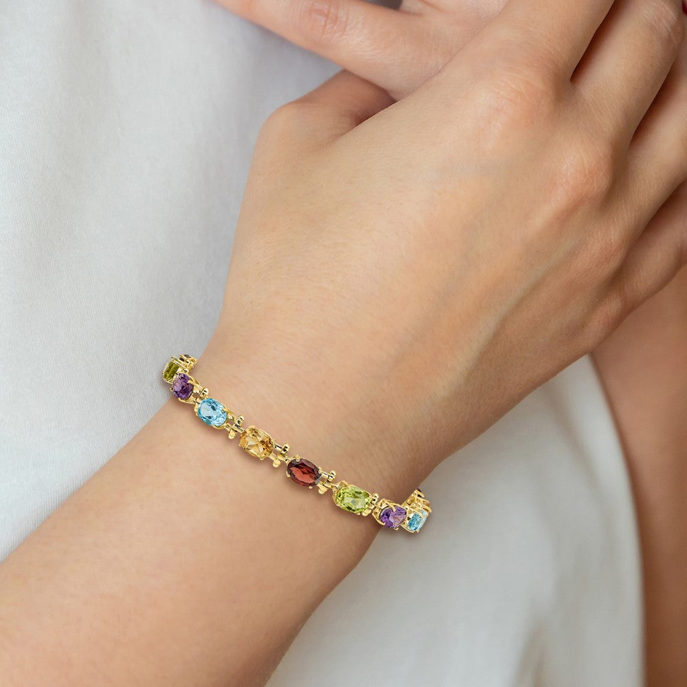 14k Complete Alternating Oval Amethyst/Peridot/Garnet/Citrine/Swiss Blue Topaz 7 inch Rainbow Bracelet
