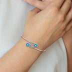 14k White Gold Complete Round Blue Topaz and 1/8 carat Diamond Hearts Flexible Bangle Bracelet