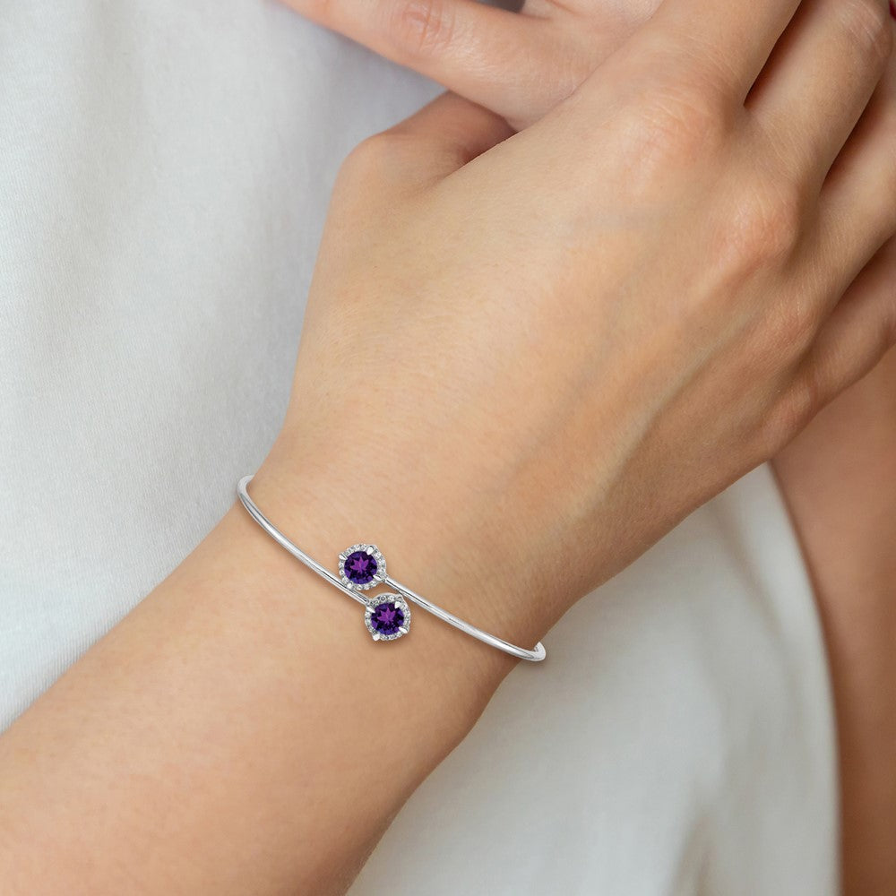 14k White Gold Complete Round Amethyst and 1/8 carat Diamond Halo Flexible Bangle Bracelet