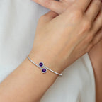 14k White Gold Complete Round Amethyst and 1/8 carat Diamond Halo Flexible Bangle Bracelet