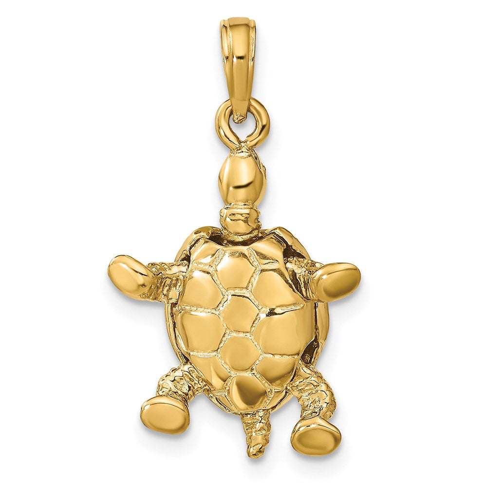 14K Solid Polished 3-D Turtle with Moveable Head and Legs Pendant