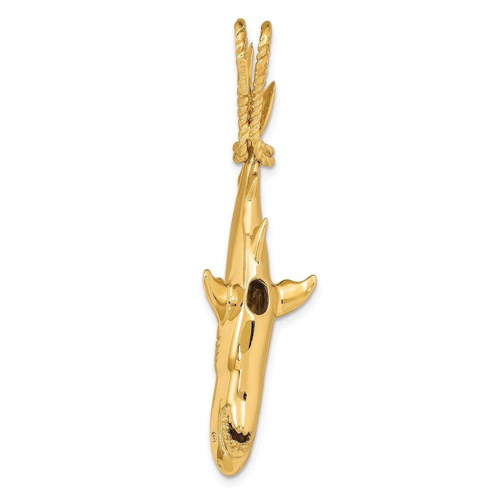 14K Hollow Polished 3-D Hanging Shark and Rope Pendant