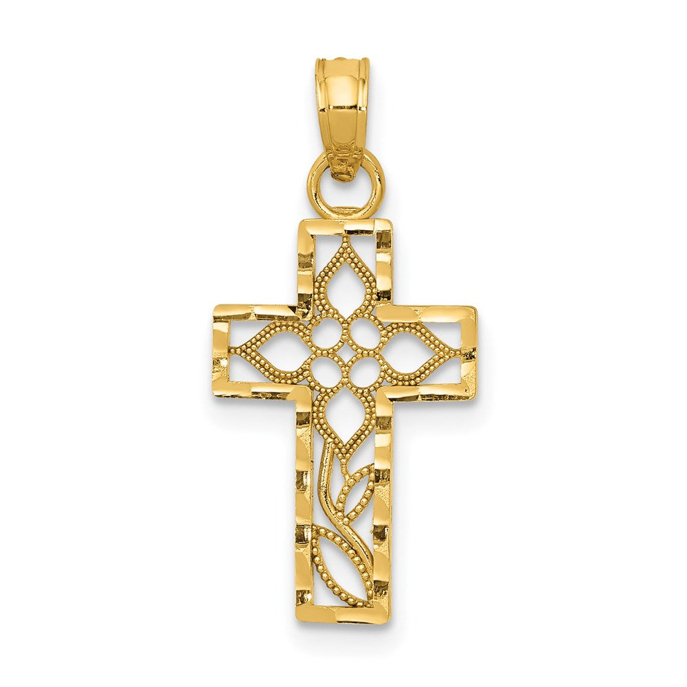 14K Cut-out Flower In Diamond-cut Cross Charm