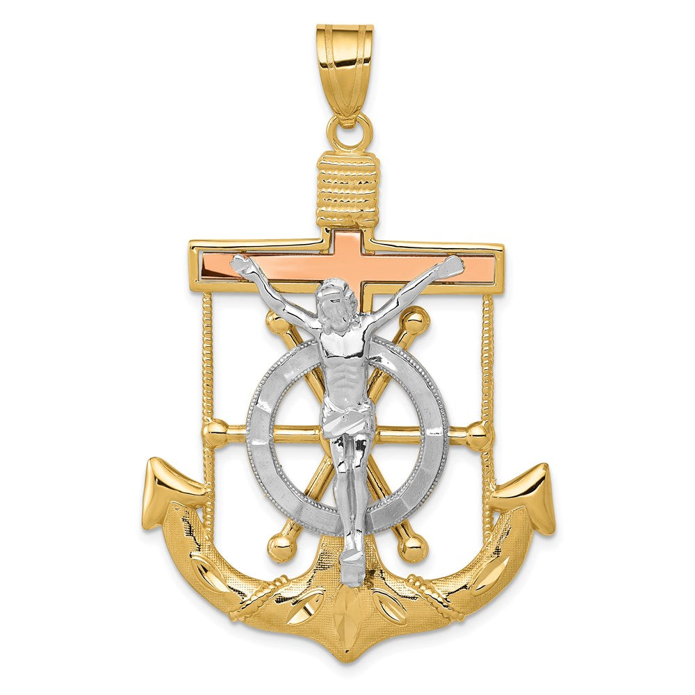 14k Tri-color Diamond-cut and Textured Mariners Crucifix Pendant