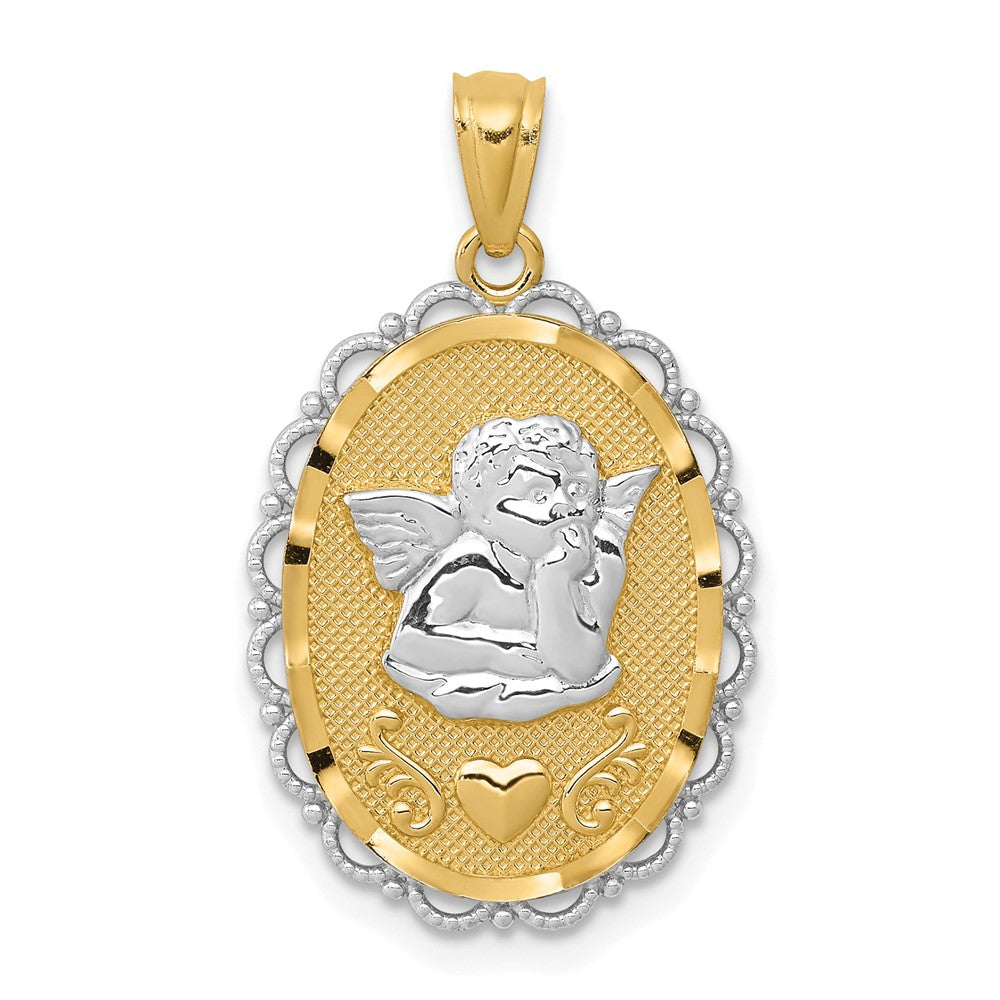14k and White Rhodium Angel Scalloped Edge Oval Pendant