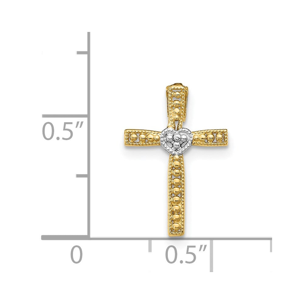 14k and White Rhodium Cross with Heart Center Pendant