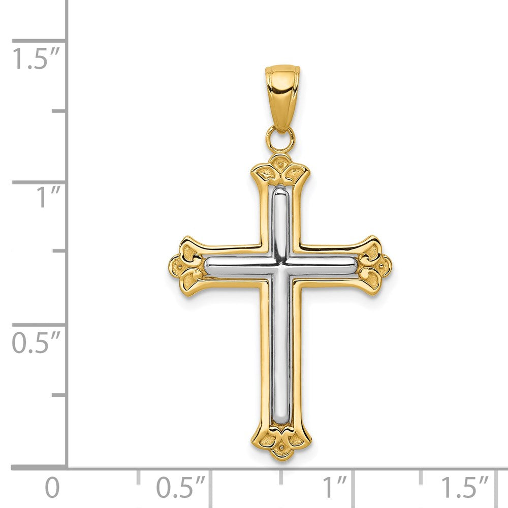 14K and White Rhodium Budded Yellow Cross Frame Pendant