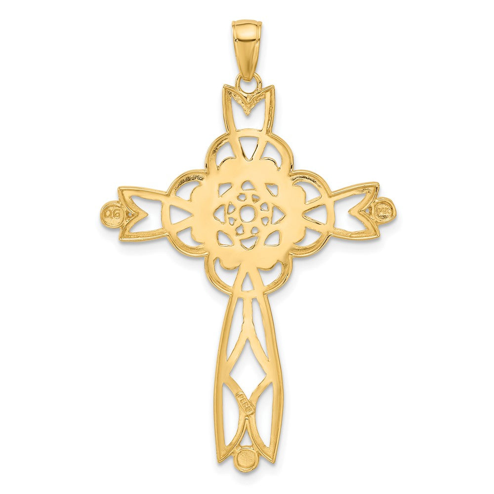 14K and White Rhodium Diamond-cut Beaded Trim Cross Pendant