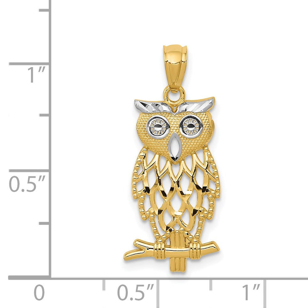 14k and White Rhodium Diamond-cut Owl Pendant