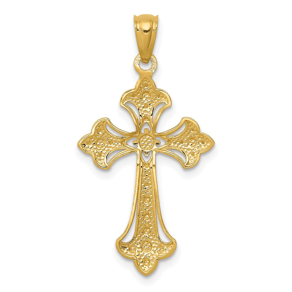 14K and White Rhodium Diamond-Cut Fleur de Lis Cross Pendant