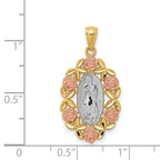 14K Two-Tone with White Rhodium Our Lady of Guadalupe with Flowers Oval Pendant