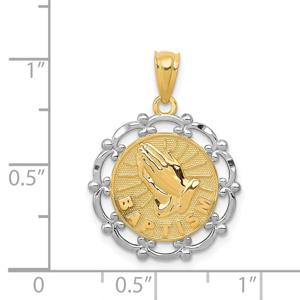 14K and White Rhodium BAPTISM with Praying Hands Scalloped Edge Round Pendant