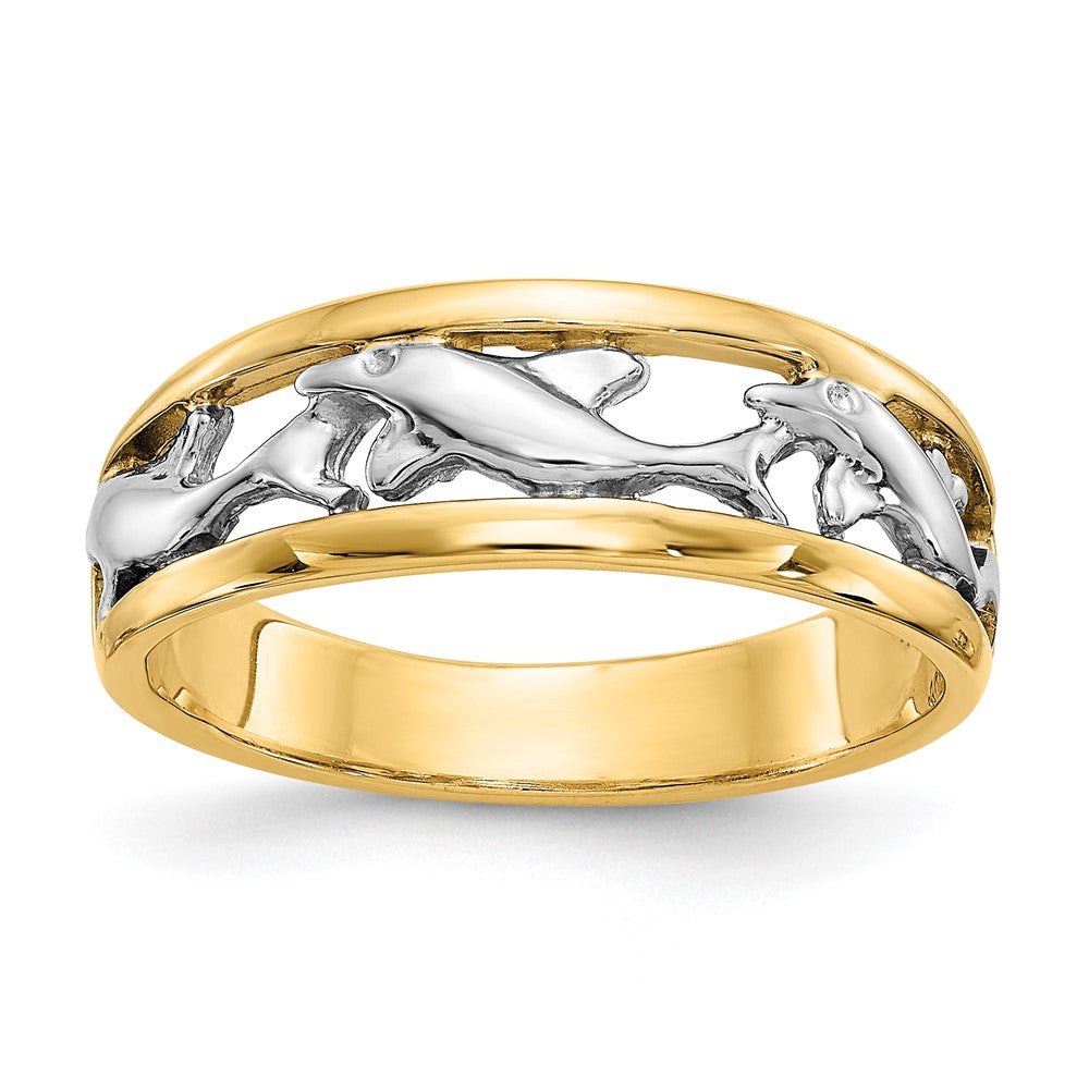 14k and White Rhodium Dolphin Band Ring