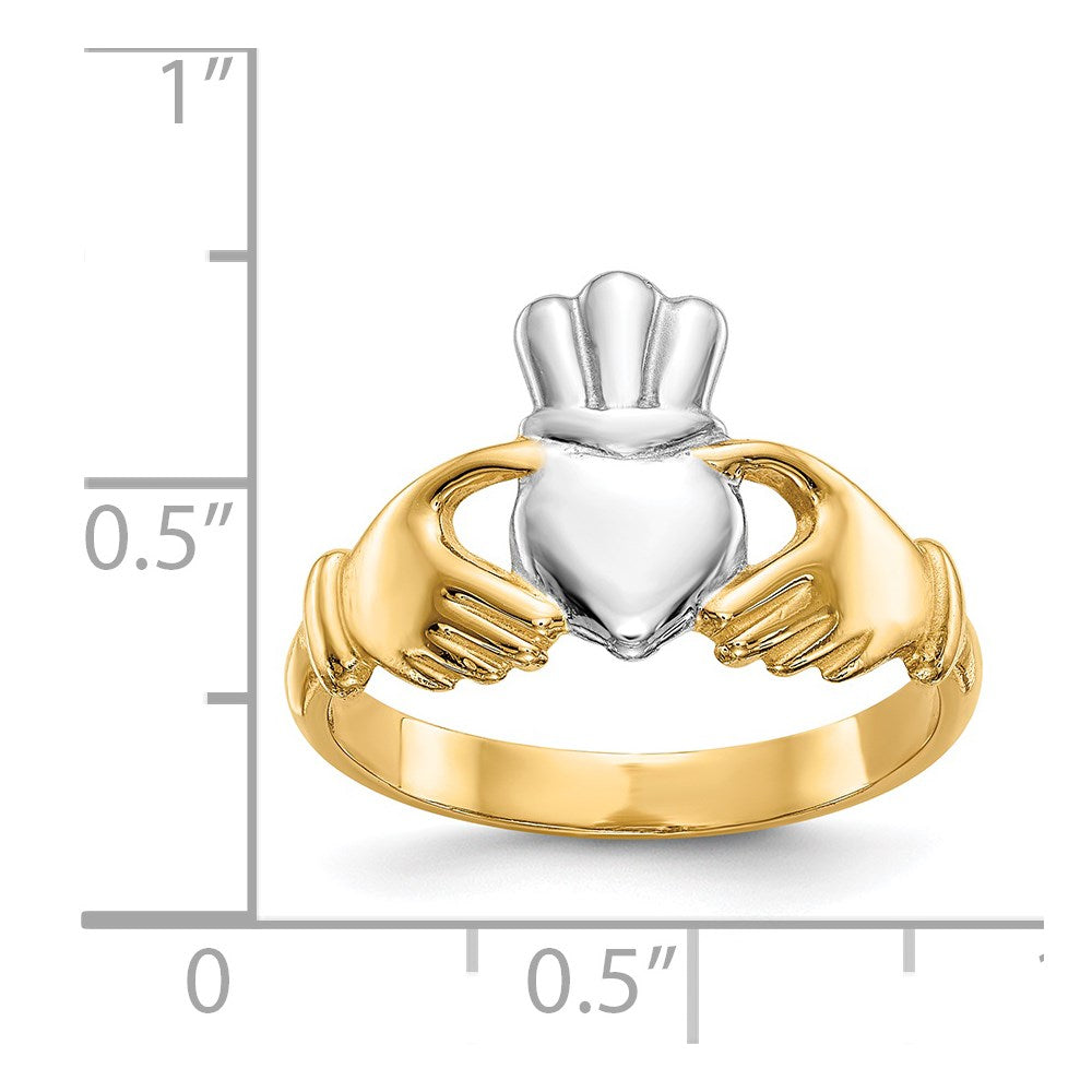 14k and White Rhodium Polished Claddagh Ring