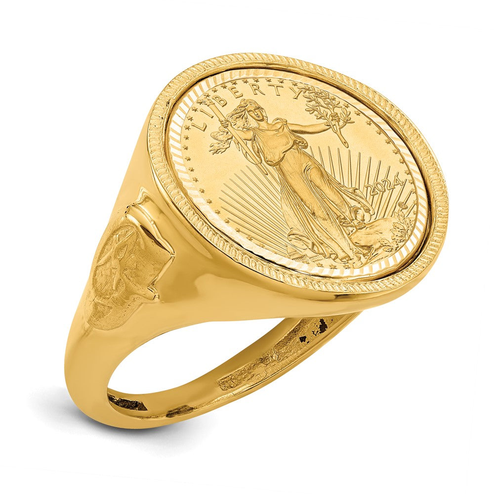 Wideband Distinguished Coin Jewelry 14k Men's Polished Textured and Diamond-cut with Masonic Sides Mounted 1/10oz American Eagle Coin Bezel Ring