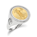 Wideband Distinguished Coin Jewelry 14k White Gold Men's Polished Textured and Diamond-cut with Masonic Sides Mounted 1/10oz American Eagle Coin Bezel Ring