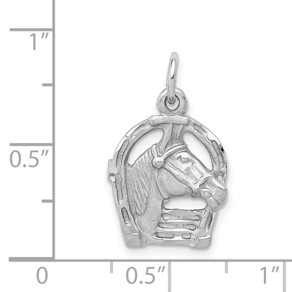 14k White Gold Satin Diamond-cut Horse Head in Horseshoe Charm