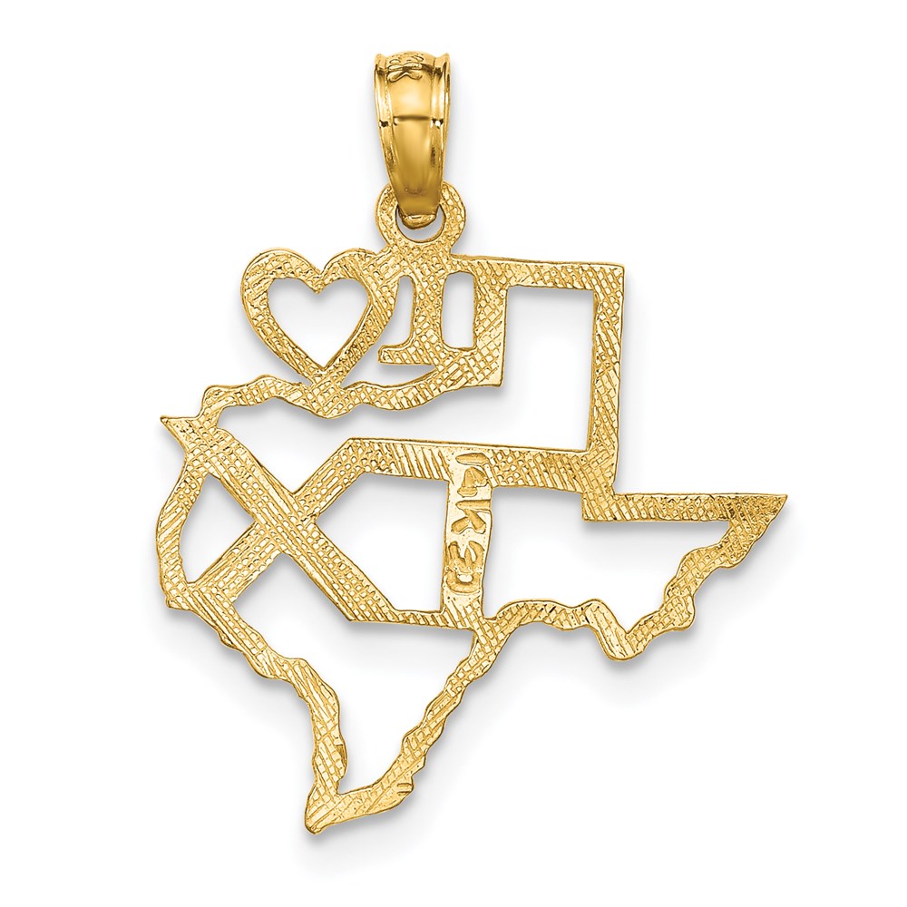 14k Solid I HEART TX Texas State Pendant