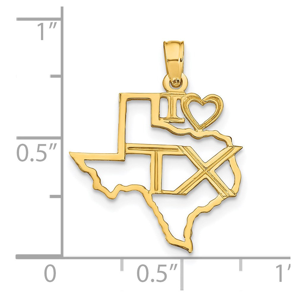 14k Solid I HEART TX Texas State Pendant