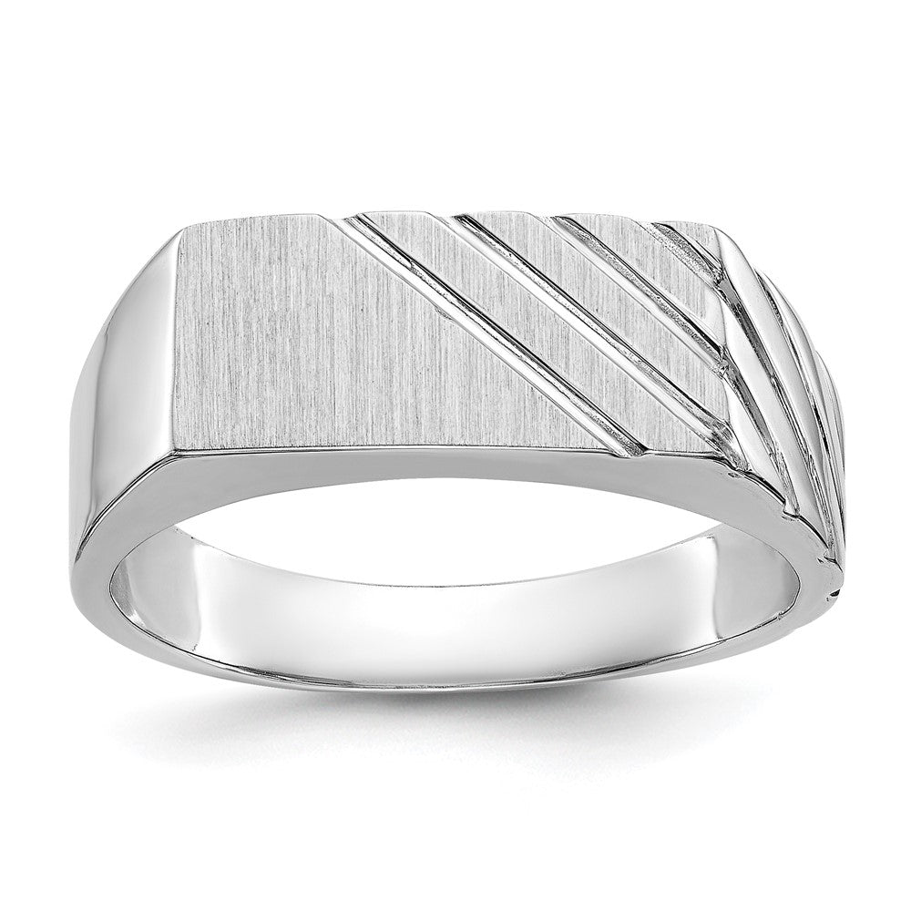 14k White Gold 16.5x7.5mm Rectangle Stripe Open Back Mens Signet Ring