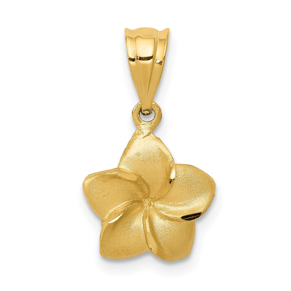 14k Satin Diamond-cut Plumeria Floral Charm Pendant